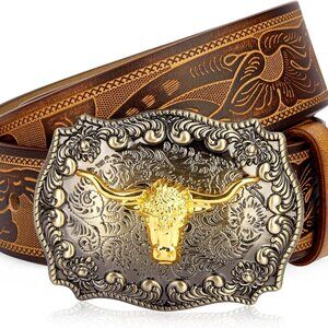 Men's Western Double Embossed Leather Belts with Golden Cowboy Longhorn Bull Pat